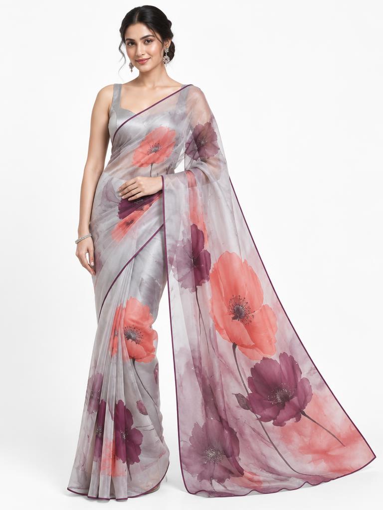 Silver Poppy Organza Saree — Silver Grey + Coral + Plum Organza saree