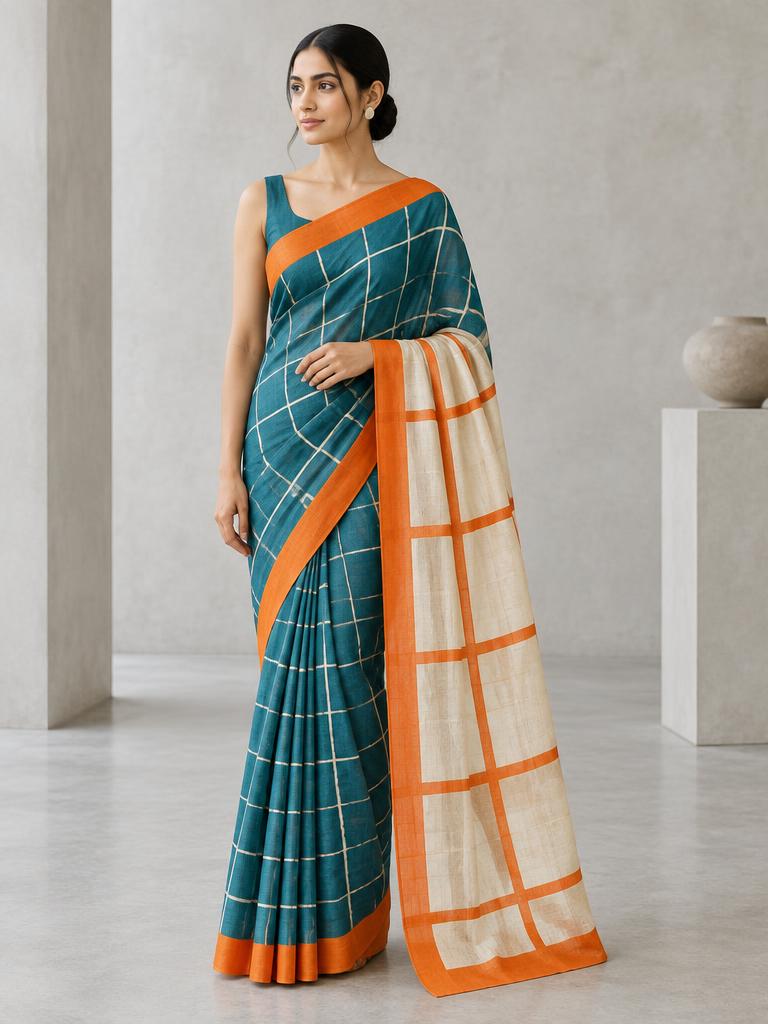 Teal Tangerine Grid Saree — Teal + Tangerine + Cream Linen Silk saree