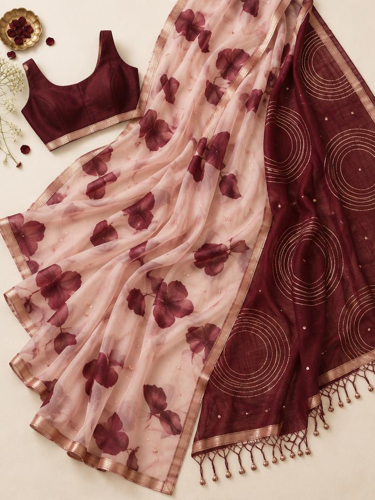 Blush Burgundy Orbit Saree — Blush + Burgundy + Rose Gold Chiffon saree