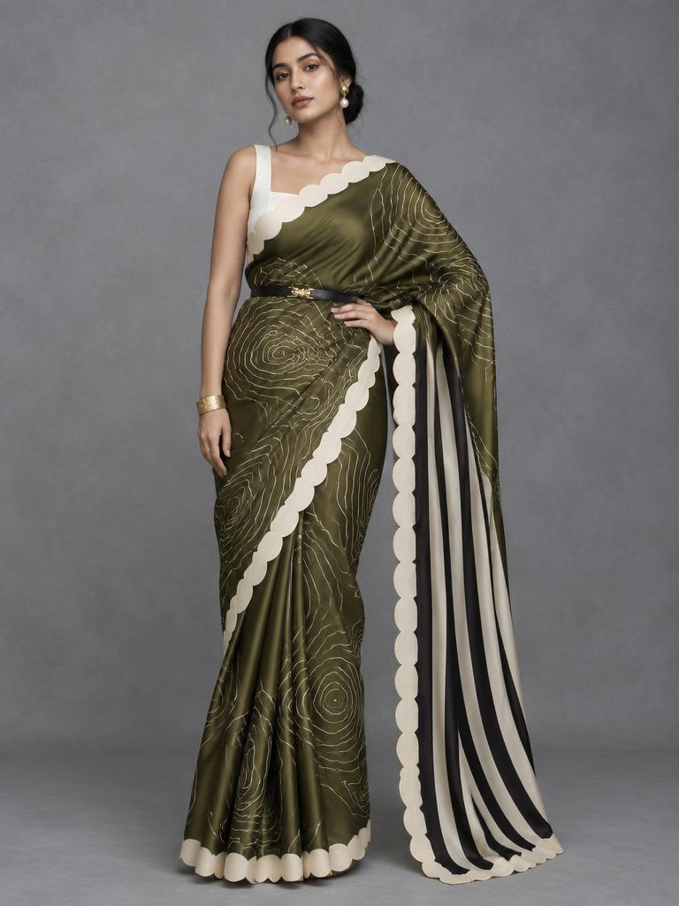 Olive Contour Stripe Saree — Olive + Ivory + Black Satin saree