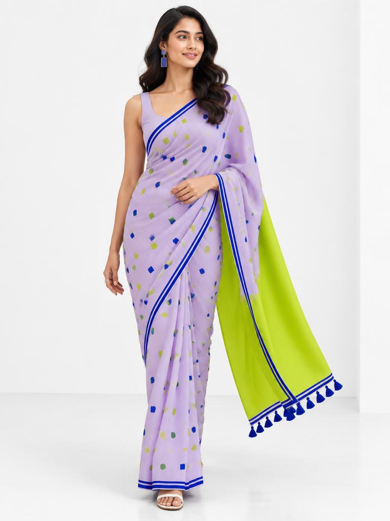 Lilac Lime Confetti Saree — Lilac + Lime + Cobalt Crepe saree