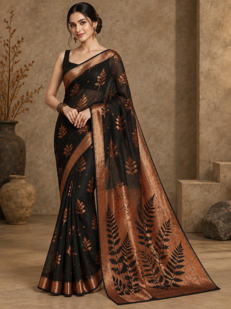 Black Copper Fern Saree — Black + Copper Georgette saree