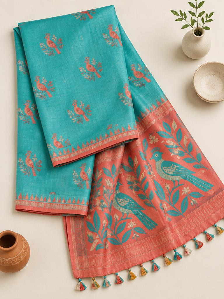 Turquoise Coral Folk Bird Saree — Turquoise + Coral Cotton Silk saree