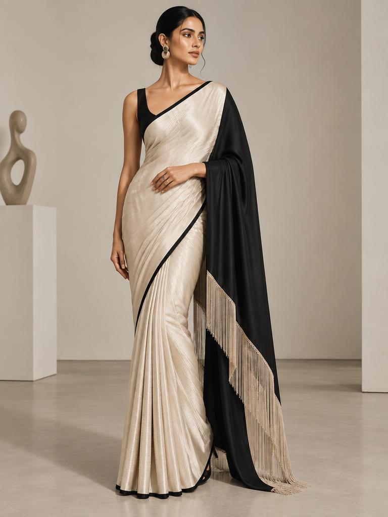 Ivory Noir Fringe Saree — Ivory + Black + Champagne Satin saree