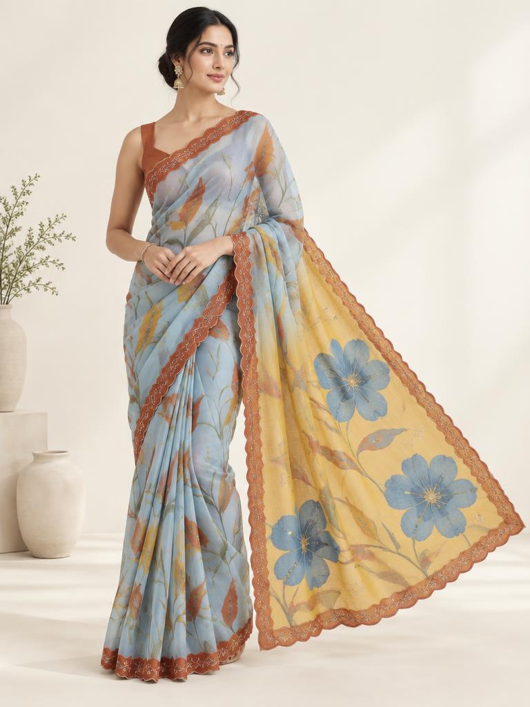 Sky Rust Garden Saree — Sky Blue + Rust + Mustard Organza saree