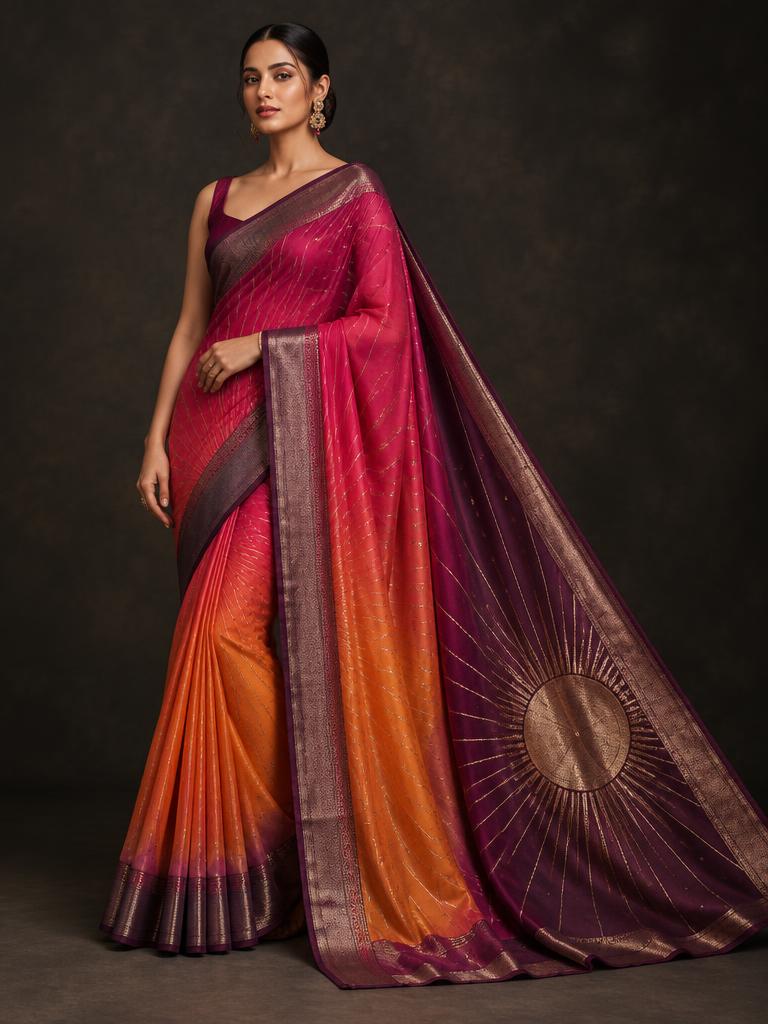 Magenta Sunset Disc Saree — Magenta + Orange + Plum Tissue Silk saree